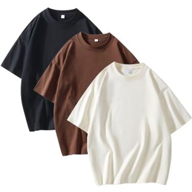 Imagem de ATOFY Pacote com 3 camisetas masculinas de algodão gola redonda, manga curta, caimento solto, clássica, lisa, macia, Preto + marrom + branco leite, GG
