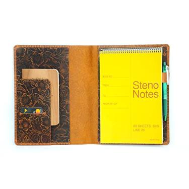 Imagem de JJNUSA Capa de couro compatível com Rocketbook Flip Executive 15 x 22 cm, notas de esteno 15 x 23 cm, cadernos espirais envelhecidos, capa de couro genuíno A5, flor marrom