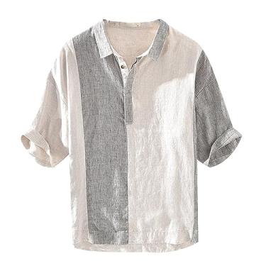 Imagem de Camisa masculina casual de linho tingido de manga comprida listrada com painéis de praia, Bege, XXG
