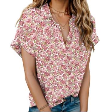 Imagem de HOTOUCH Camisetas femininas de linho com botões de manga curta 100% algodão, blusas femininas casuais de verão com gola V para praia, Floral - Rosa, P