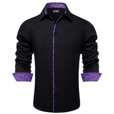 Imagem de Hi-Tie Camisa social masculina preta roxa patchwork gola paisley, manga comprida, camisas casuais de botão para casamento, pequena, Patchwork preto e roxo, P
