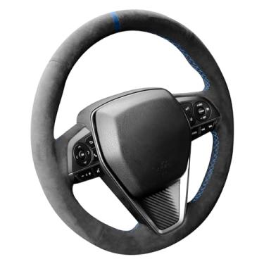 Imagem de Alfanxi Costura à mão Itália Alcantara Capa de volante para carro envoltório para Toyota Avalon/Avalon Hybrid/Camry/Camry Hybrid/RAV4 Prime/Venza (Alcantara preta com pontos + listras azuis)