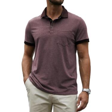 Imagem de Hardaddy Camisa polo masculina casual com bolso, cor contrastante, manga curta, para trabalho, camiseta de verão, Vermelho escuro, 3G