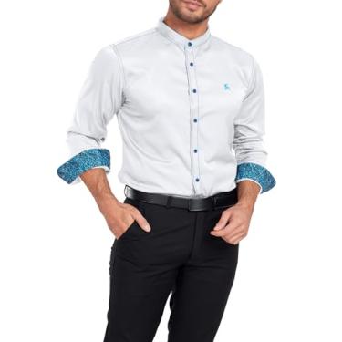 Imagem de GEEK LIGHTING Camisa social masculina de manga comprida com gola mandarim com botões e gola mandarim lisa com bolso, Branco, 3G