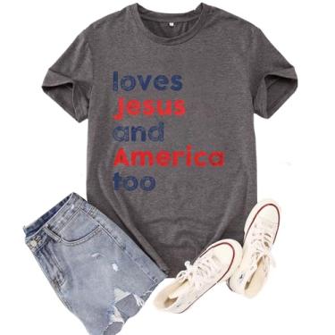 Imagem de BOUTIKOME Camisetas femininas de 4 de julho Love Jesus and America Too Camiseta Dia da Independência camiseta patriótica de manga curta, Cinza escuro, XXG