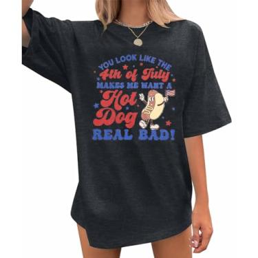 Imagem de 4th of July Shirt Women Oversized Patriotic: Camisetas engraçadas You Look Like 4th of July Hot Dog Lover Independence Day Tops, Cinza escuro, XXG