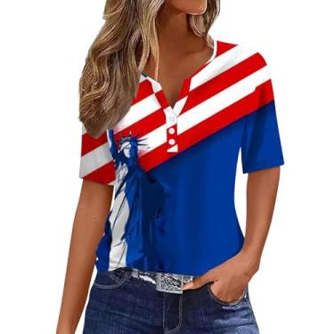 Imagem de Camisetas femininas patrióticas com bandeira americana 4th of July Star Stripe Button Funny Graphic 2024 Summer Coloful Túnica Blusas, Azul, G