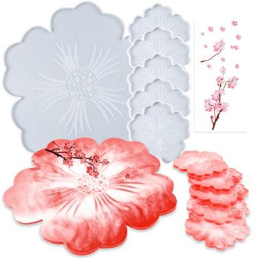 Imagem de FUNSHOWCASE Conjunto de moldes de silicone de resina epóxi para porta-copos de flor, bandeja de joias grande, bandeja, suporte de vela, com adesivo de 18 cm