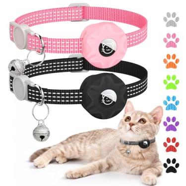 Imagem de Hoeraonr Coleira para gatos AirTag, coleira reflexiva para gatos Apple Air Tag, coleira GPS para gatos com suporte de AirTag e sino, coleiras leves para gatos e meninos (preto/rosa)