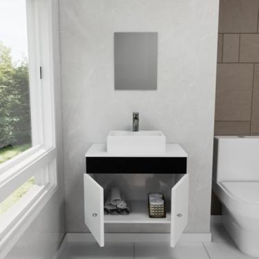 Imagem de Gabinete Armário para Banheiro com Pia Cuba Quadrada Mármore 60cm Balcão Suspenso Preto