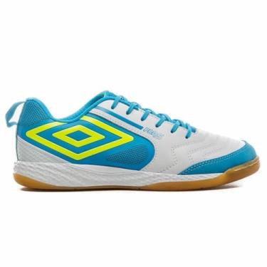 Imagem de Chuteira Futsal Umbro Pro 5 Bump Branco e Azul, Cor: Branco/azul, Tamanho: 44