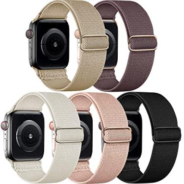 Imagem de Pacote com 5 pulseiras de nylon elástico compatível com Apple Watch SE Ultra 2 1, séries 10, 9, 8, 7, 6, 5, 4, 3, 2 e 1 de 40 mm, 41 mm, 42 mm, 44 mm, 45 mm, 46 mm, 49 mm, 4, 3, 2 e 1 de 40 mm, 40 mm,