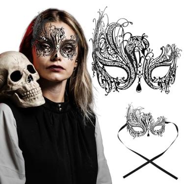 Imagem de Máscara feminina de filigrana de metal – máscara estilo cisne com strass para carnaval, baile, dia das bruxas e festas venezianas, Pedras pretas/transparentes, tamanho nico