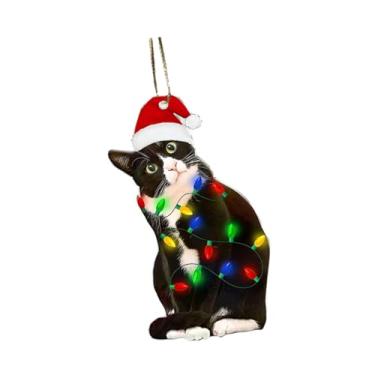 Imagem de oshhni Espelho retrovisor do carro pendurado pingente decoração de natal presentes decorativos suprimentos para festa celebração para quarto armário parede, Gato com Chapéu de Papai Noel