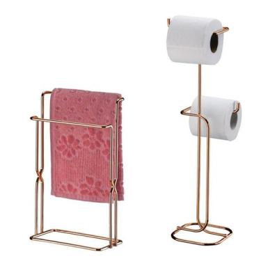 Imagem de Kit Banheiro Suporte Papel Higiênico + Porta Toalha Rosto Pia Rosé Gol