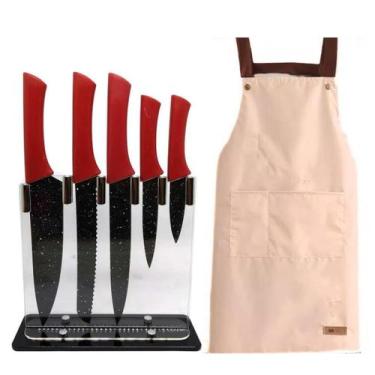 Imagem de Conjunto de Facas inox 6 peças com Suporte em acrílico + Avental Imper