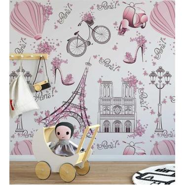 Imagem de Papel De Parede Infantil Paris Fundo Rosa claro Lambretas E Flores - P
