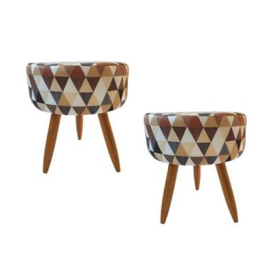 Imagem de Kit 02 Puffs Redondo Suede Estampado Triângulo Bege Pés Palito - Estof