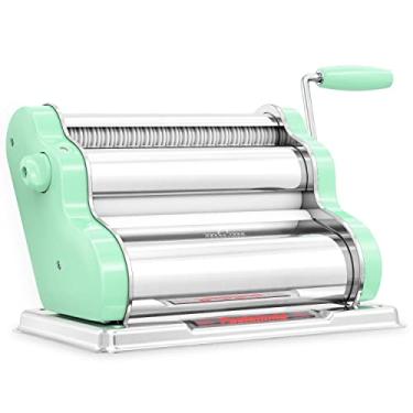 Imagem de PASTALINDA Máquina de fazer massa clássica 260, rolos de 26 cm de largura, 9 posições de espessura, 2 posições de corte, aço inoxidável. Inclui manivela de mão reforçada e dois grampos (verde pastel)