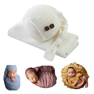 Imagem de Coberllus Envoltório para fotografia de recém-nascido | Chapéu de nó e cobertor elástico para adereços de fotos de bebês | Roupas de sessão de fotos para recém-nascidos de 15,74 x 159,9 cm, Branco, M