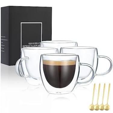 Imagem de VENVENWEAVS Conjunto de 4 Xícaras de Café Expresso, Parede Dupla de 5 Onças, Vidro Soprado para Doses de Café Expresso, Canecas de Café Expresso em Caixa de Presente, Perfeitas para Café Expresso, Caf