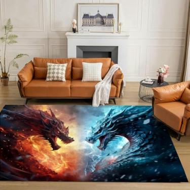 Imagem de Fire vs Ice: Majestic Dragons Ready Battle Tapete com tema de dragão contrastante 12 x 18 cm, tapetes para sala de estar, quarto, estética, sala de jantar, lavável à máquina, tapete para interior