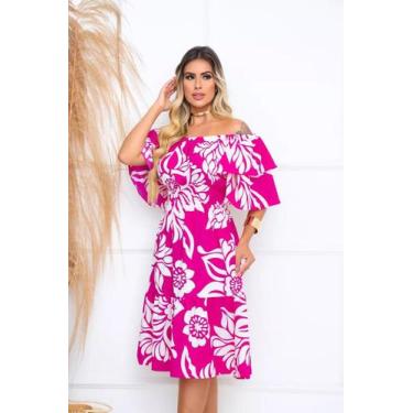 Imagem de Vestido Ciganinha Midi Moda Evangélica Lastex Com Elástico - ROSA COM 