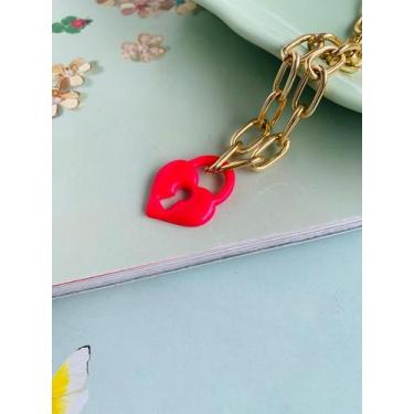 Imagem de Colares banhados pingente cadeado de coração acrilico - dondocas.bijus
