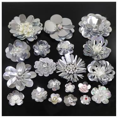 Imagem de Remendos de flores de lantejoulas prateadas 20 peças de apliques de flores com contas de strass adesivos de broche para bolsa de roupas, sapatos, acessórios de costura costurados M43F186 (cores