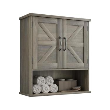 Imagem de Mino Kesper Armário de parede de banheiro com portas de celeiro, armário de armazenamento de banheiro montado na parede, estilo casa de fazenda, prateleira ajustável, montado na parede, cinza