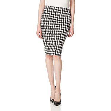 Imagem de Star Vixen Saia lápis feminina pequena abaixo do joelho com fenda traseira, Estampa Houndstooth preta/marfim, GG