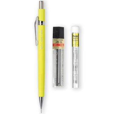Imagem de Pentel Lapiseira automática P205-97C – faixa fluorescente – única + 12 pontas de refil HB de 0,5 mm de polímero alto + tubo de refil de borracha Z2-1N com 4 (amarelo fluorescente)