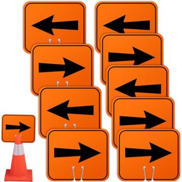 Imagem de Geetery 9 peças de sinal de cone de trânsito, cone de trânsito, sinal de aviso de seta reversível para construção externa de barricada de estrada, 26,4 cm de altura x 32 cm de largura, preto em