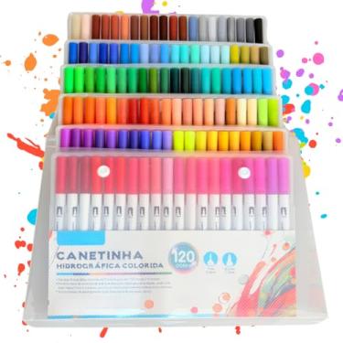 Imagem de Canetinha Ponta Dupla para Colorir Kit Estojo de Canetas Escolar Marcador Coloridas Permanente Duas Pontas Desenho Ponta Fina (120 CORES)