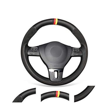 Imagem de MEWANT Capa de volante de carro feita à mão em couro genuíno preto e camurça para Volkswagen VW GOL Tiguan Passat B7 Passat CC Touran Jetta Mk6