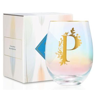 Imagem de Onebttl Presentes de vinho personalizados para mulheres, taça de vinho sem haste fofa com iniciais, presentes de monograma para amantes de vinho em aniversários de Natal, P