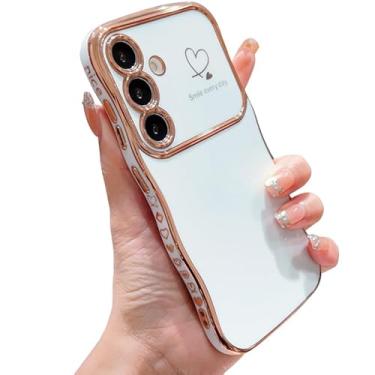 Imagem de IDweel Capa para Galaxy S24 para mulheres e meninas, moldura ondulada fofa de luxo em formato encaracolado com coração de amor, proteção para câmera levantada, capa slim fit, revestimento à prova de