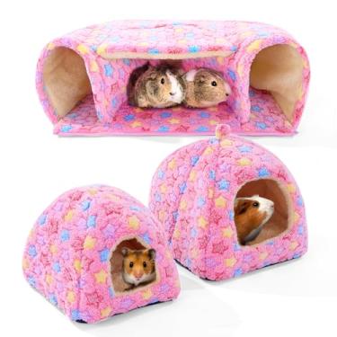 Imagem de MABOZOO Pacote com 3 acessórios para casa de porquinho-da-índia, 2 camas aconchegantes de porquinho-da-índia e túnel espesso de esconderijo de porquinho-da-índia, hamster, coelho, chinchilas (rosa, G)