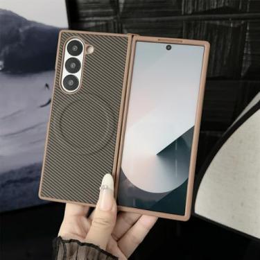 Imagem de Capa magnética de couro de fibra de carbono para Zflip5 Z Flip 6 5 4 3 ZFold 5 4 3 Capa de luxo com amortecedor de silicone fino, dourada, para Z Fold6