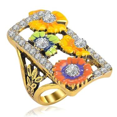 Imagem de THJEW Anel de dedo inteiro com folha de flor esmaltada grande, banhado a ouro 14 quilates, para coquetel, festa, para mulheres e meninas, Ouro, Zircônia cúbica