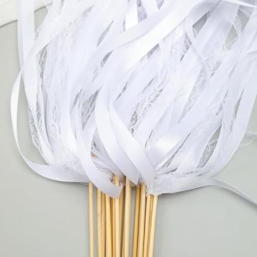Imagem de 50 sinos de lembrancinha de casamento, varinhas de desejos de fadas de renda, fitas de festa, para festas, feriados de aniversário e celebrações de festivais (fita branca + renda)