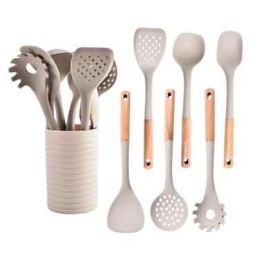Imagem de Conjunto de utensílios de cozinha de silicone, conjunto de espátulas antiaderentes com suporte, utensílios de cozinha cáqui com alças de madeira, conjunto de cozinha resistente ao calor, utensílios de