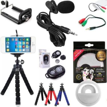 Imagem de Kit Mini Tripé Luz Microfone De Lapela Acessórios Para Filmagem Celula