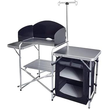 Imagem de Camp Solutions Mesa dobrável de cozinha portátil para uso ao ar livre, cozinha de acampamento de alumínio com organizador de armazenamento, para-brisas, ganchos para churrasco, festa (preto)
