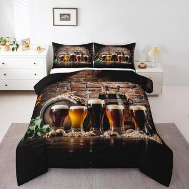 Imagem de Manfei Conjunto de edredom retrô com álcool, placa de madeira, para decoração de quarto de adolescentes, bar de vidro de cerveja com 1 fronha para todas as estações, solteiro