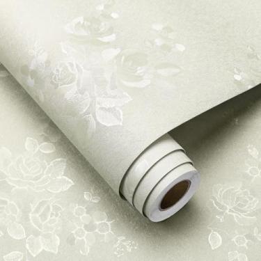 Imagem de FunStick Papel de parede bege de 61 x 500 mm, texturizado, floral, papel de parede, descasque e cole vintage, cobertura de parede para quarto, autoadesivo, bege, armário de cozinha, papel de contato