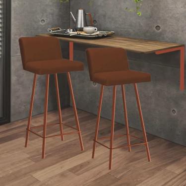 Imagem de Kit Mesa Suspensa de Parede Fixa mdf Rústico + 2 Banquetas Lexi Ferro Bronze Suede Terr...