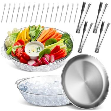 Imagem de Baderke 2 conjuntos de bandejas geladas de 30 cm para festas, prato gelado com gelo embaixo da placa redonda, clipe de aço inoxidável, garfo de frutas, camarão, coquetel, prato de servir para ostras