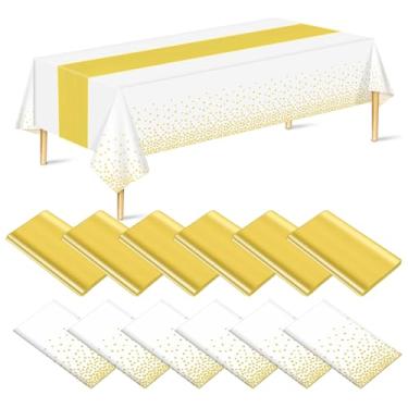 Imagem de Conjunto de 12 toalhas de mesa de ouro branco e corredor de mesa, decoração de festa, toalha de mesa descartável de plástico branco e dourado e caminho de mesa de cetim para festa de aniversário de