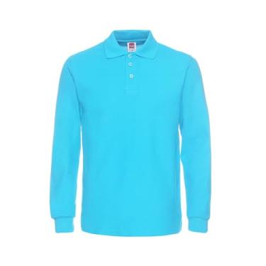 Imagem de Jueshanzj Camisa polo masculina de manga comprida e lapela, Lago azul, G